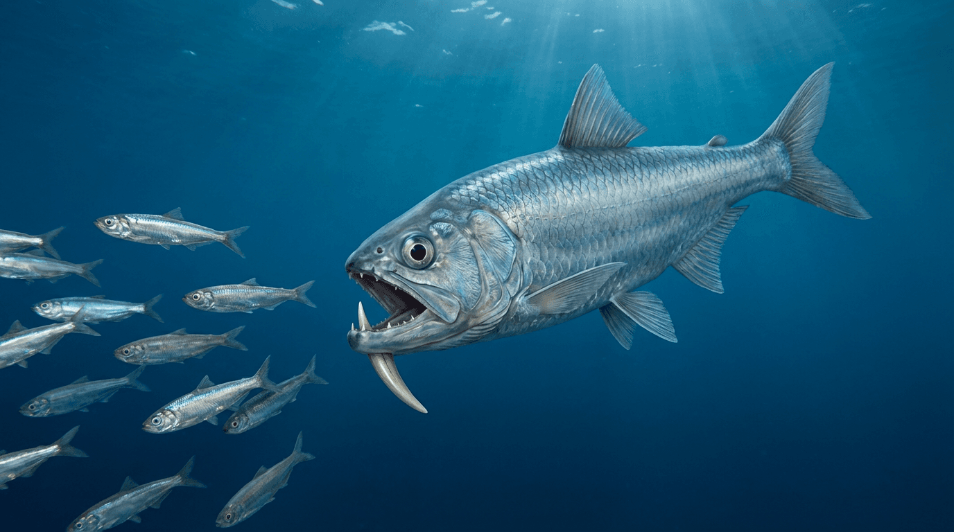 AI 生成的 Saber-Toothed Anchovy 图片:Saber-Toothed Anchovy 动作镜头,史前鱼类. 45 Million Years Ago。