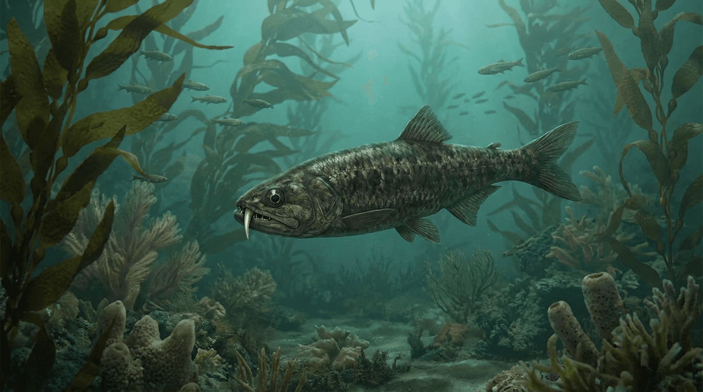 AI-generated Saber-Toothed Anchovy image: Saber-Toothed Anchovy reconstruction. Prehistoric Fish. 45 Million Years Ago.