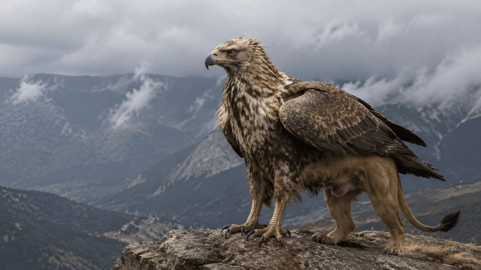 Realistic griffin standing on a mountain ledge