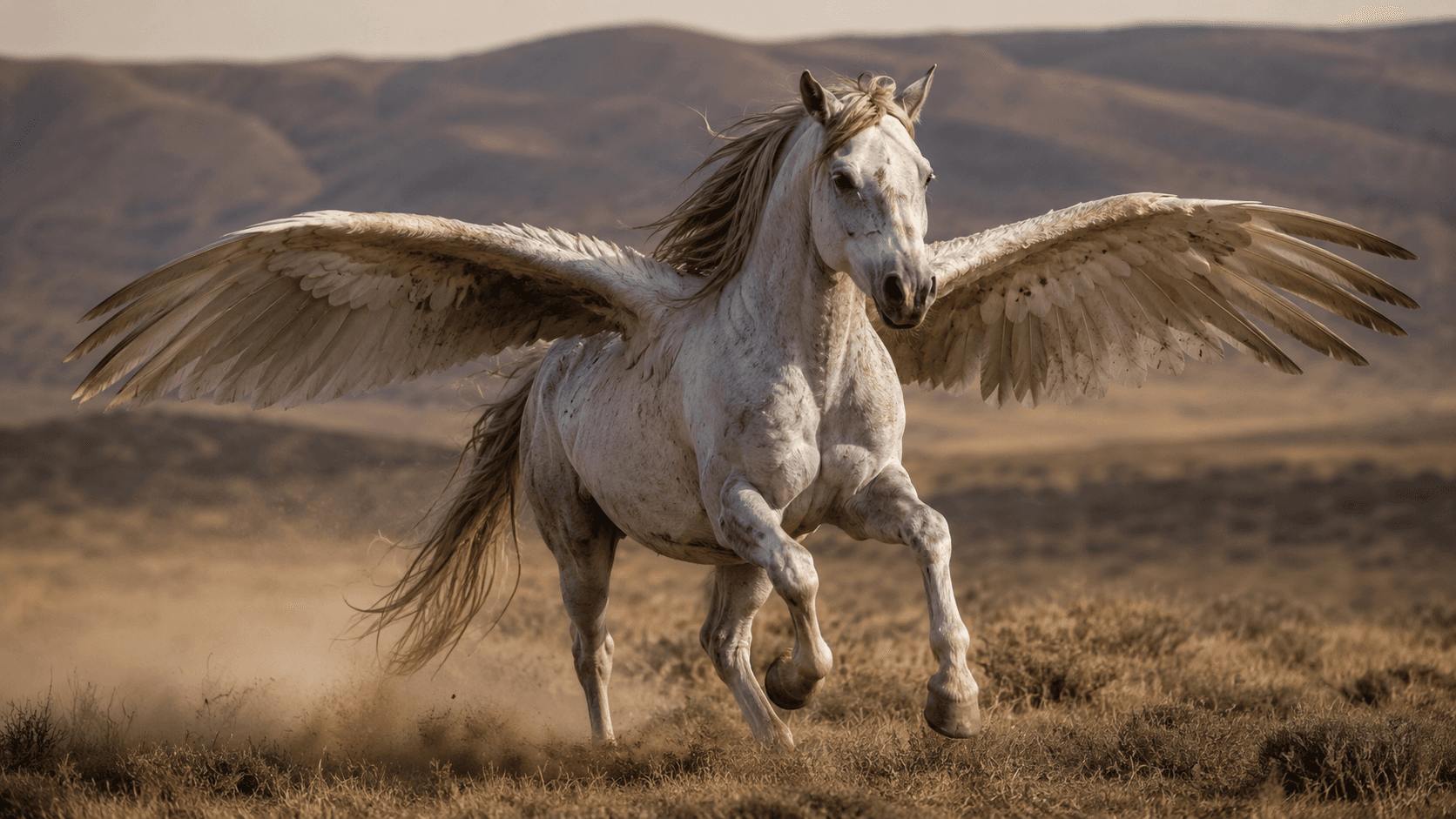 Realistic Pegasus in open grassland