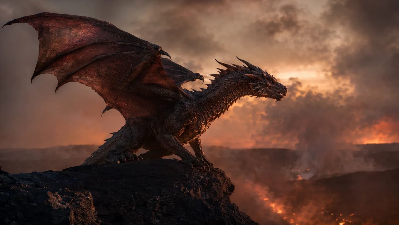 Realistic AI dragon perched on a volcanic cliff