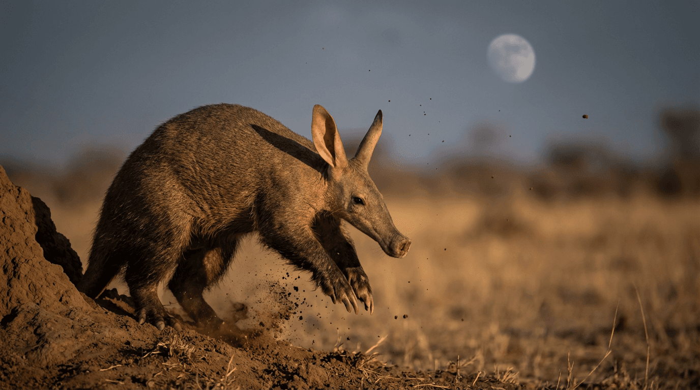 KI-generiertes Bild von Aardvark: Aardvark Actionaufnahme. Große Säugetiere. Subsahara-Afrika.