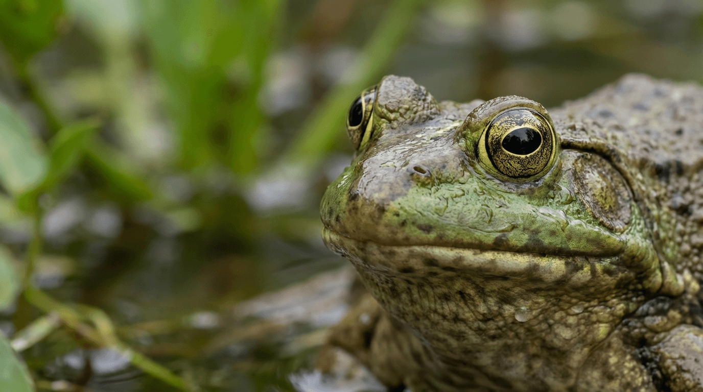 KI-generiertes Bild von Amerikanischer Ochsenfrosch: American Bullfrog Close Porträt. Amphibien. Nordamerika.