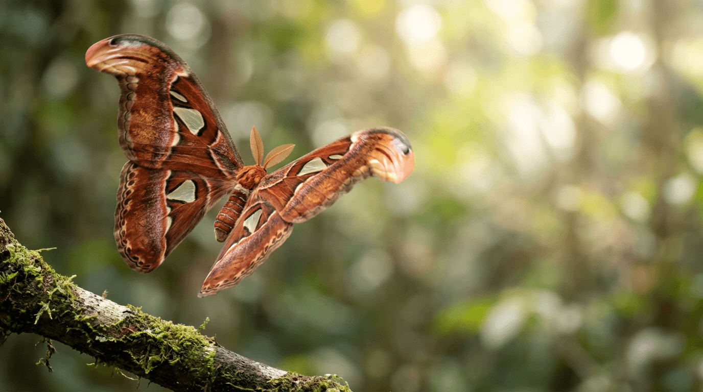 AI-generated Atlas Moth image: Atlas Moth Action Shot. Invertebrates. Tropical and Subtropical Forests of Asia.