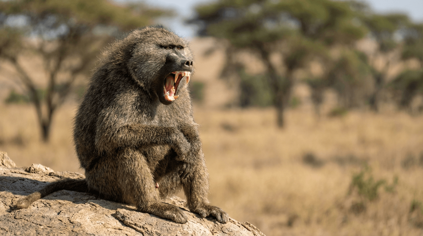 AI-generated Olive Baboon image: Male Baboon Alpha Pose. Primates. African Savanna.