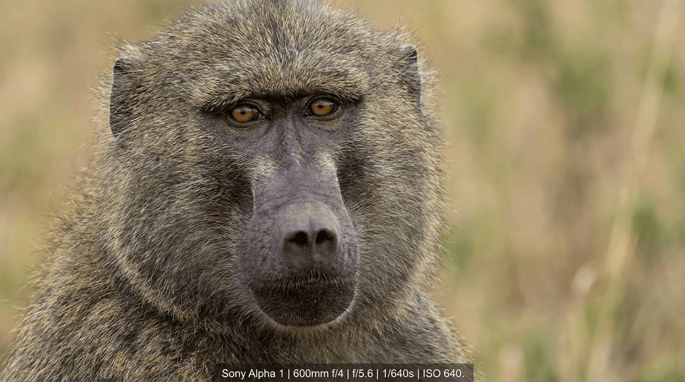 KI-generiertes Bild von Olive Baboon: Baboon Face Close-up. Primaten. African Savanna.