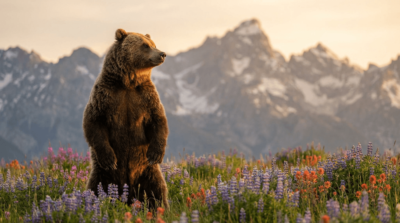 AI-generated Grizzly Bear image: Bear Standing Tall. Large Mammals. Alaskan Wilderness.