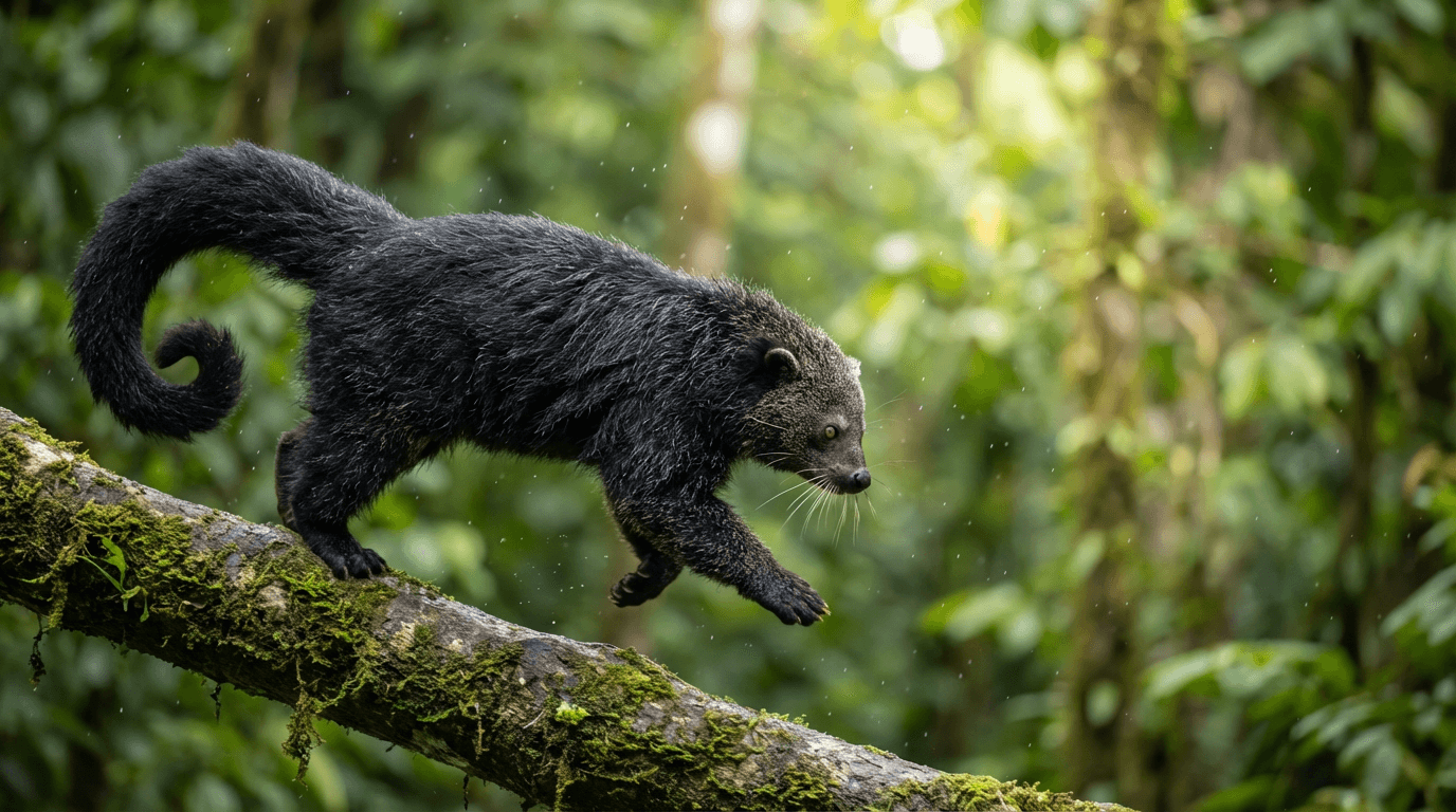 AI-generated Binturong image: Binturong Action Shot. Small Mammals. Southeast Asian Rainforests.
