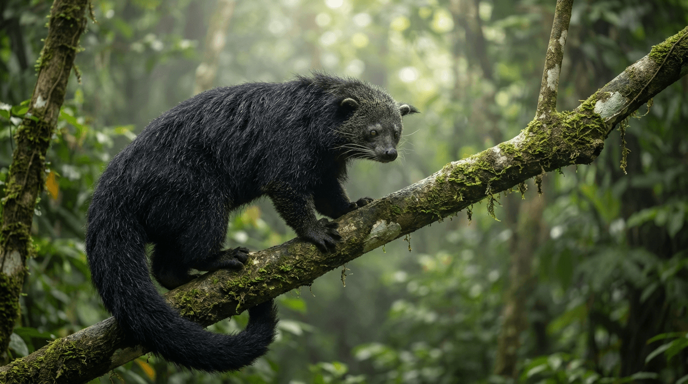 AI 生成的 Binturong 图片:Binturong 的自然栖息地,小型哺乳动物。