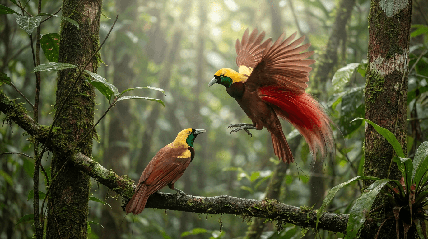 AI-generated Birds of Paradise image: Birds of Paradise in Natural Habitat. Realistic animal image sample.