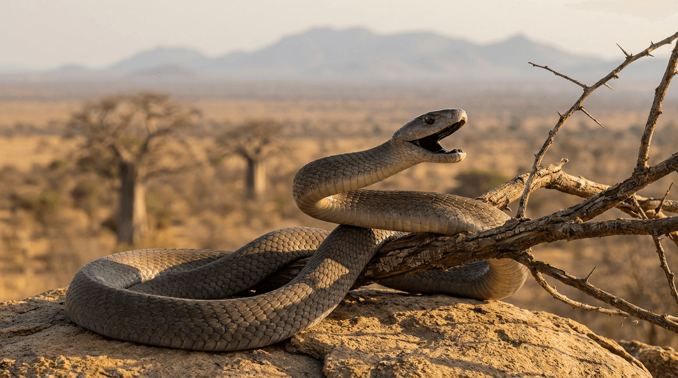 KI-generiertes Bild von Black Mamba: Black Mamba im natürlichen Lebensraum. Reptilien.