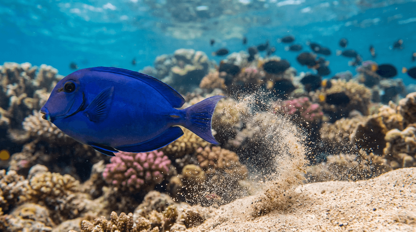KI-generiertes Bild von Blue Tang: Blue Tang Actionaufnahme. Meeresfische. Indo-Pacific Coral Reefs.