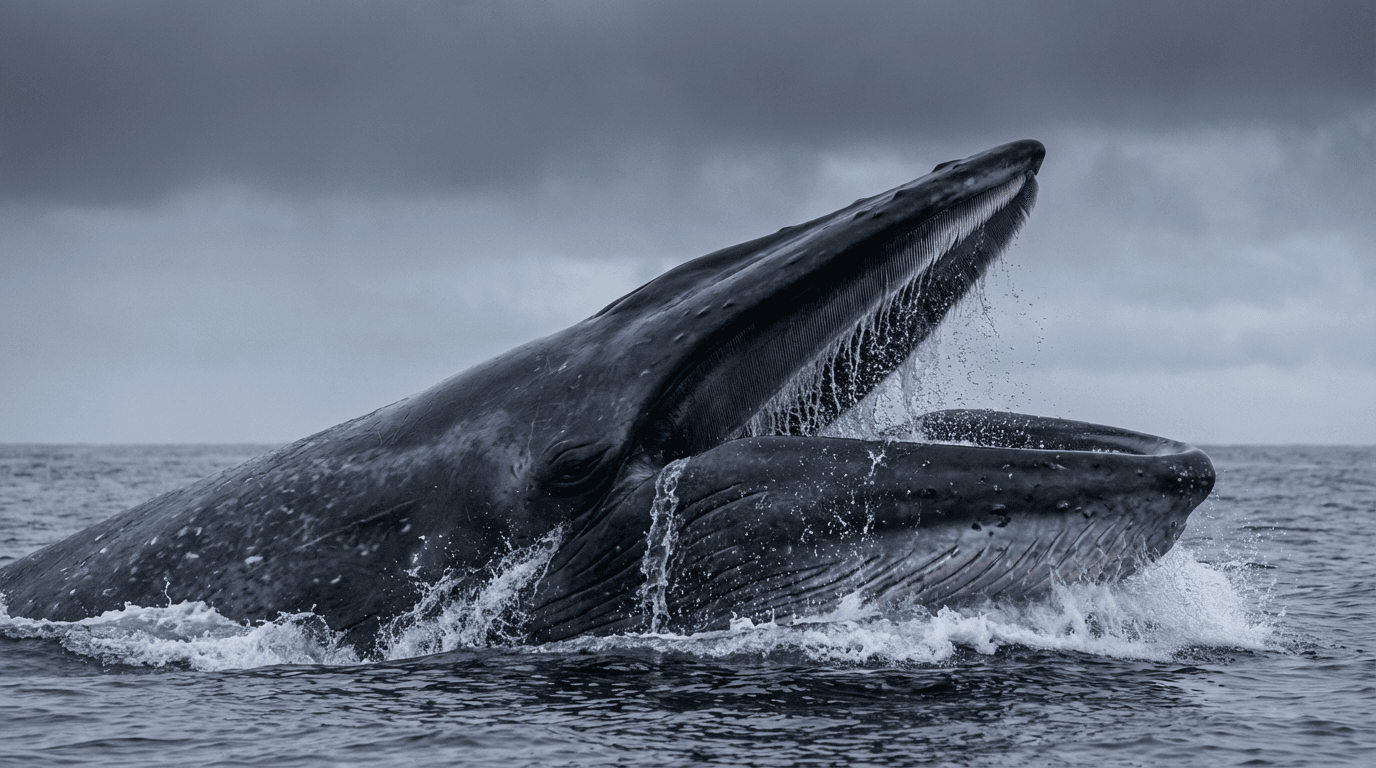 KI-generiertes Bild von Blauwal: Blauwal Actionaufnahme. Meeressäuger. All Oceans Worldwide.