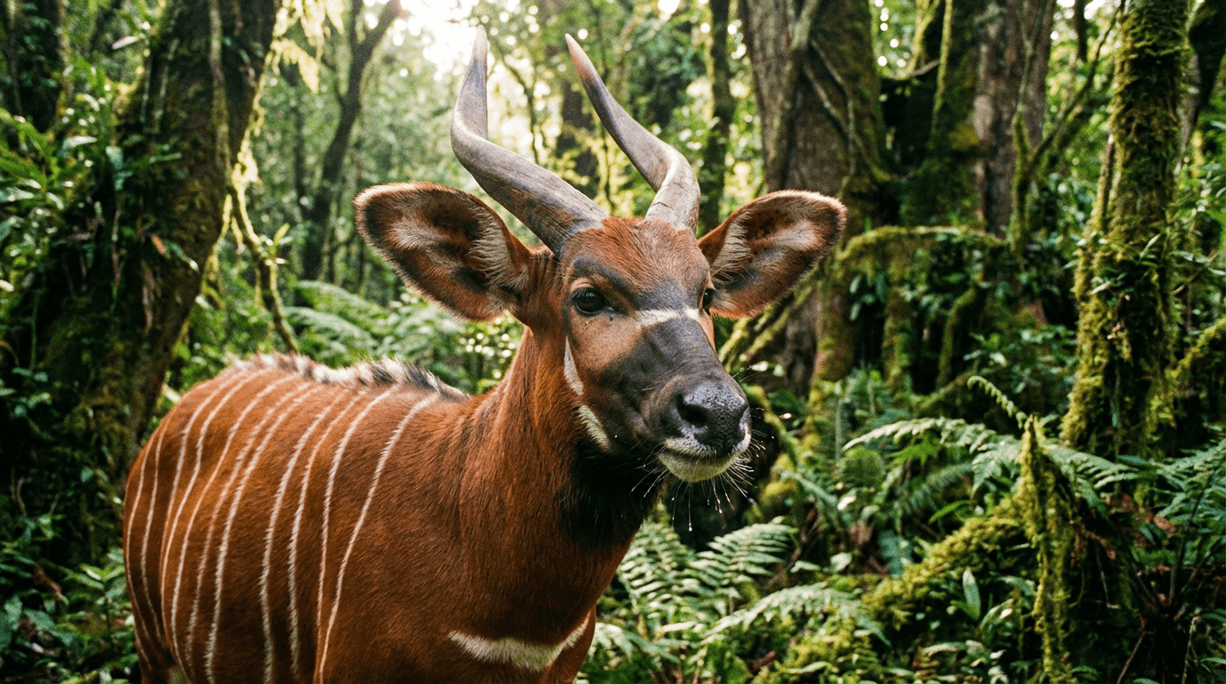 Image de Bongo générée par IA : Bongo dans son habitat naturel. Exemple d’image animale réaliste.