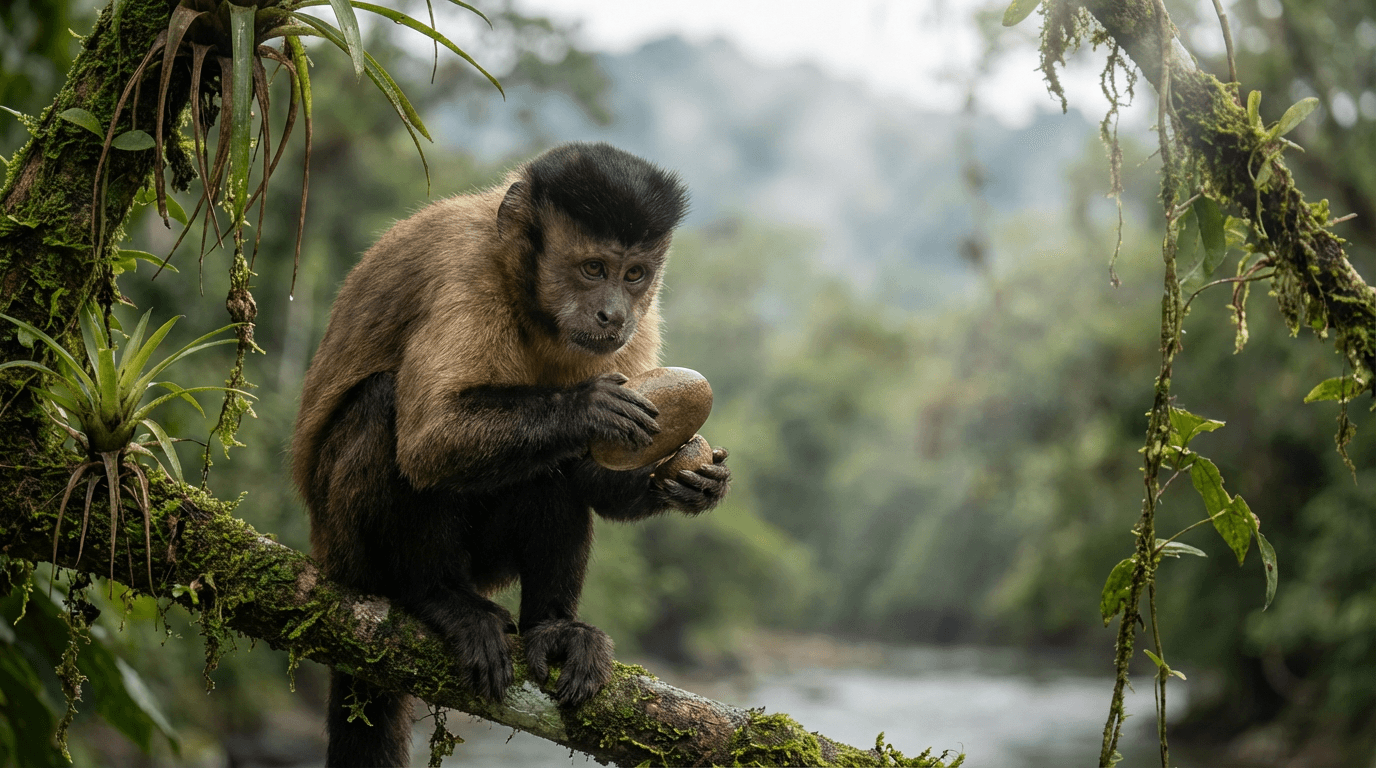 AI-generated Capuchin Monkey image: Capuchin Monkey in Natural Habitat. Central South American Forest. Realistic animal image sample.