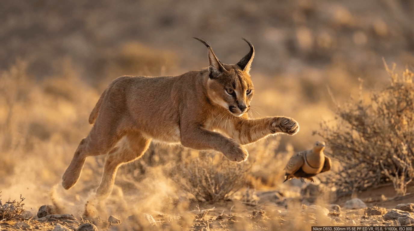 AI-generated Caracal image: Caracal Action Shot. Small Cats. African Asian Grasslands.