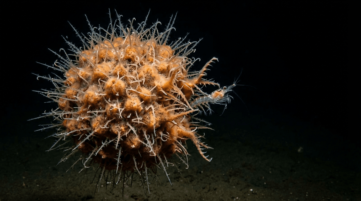 AI 生成的 Carnivorous Death-Ball Sponge 图片:Carnivorous Death-Ball Sponge 动作镜头,海洋无脊椎动物. Antarctic deep sea。
