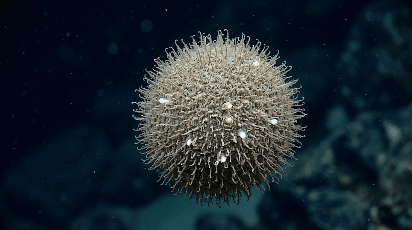 KI-generiertes Bild von Carnivorous Death-Ball Sponge: Carnivorous Death-Ball Sponge Porträt. Marine Wirbellose. Antarctic deep sea.