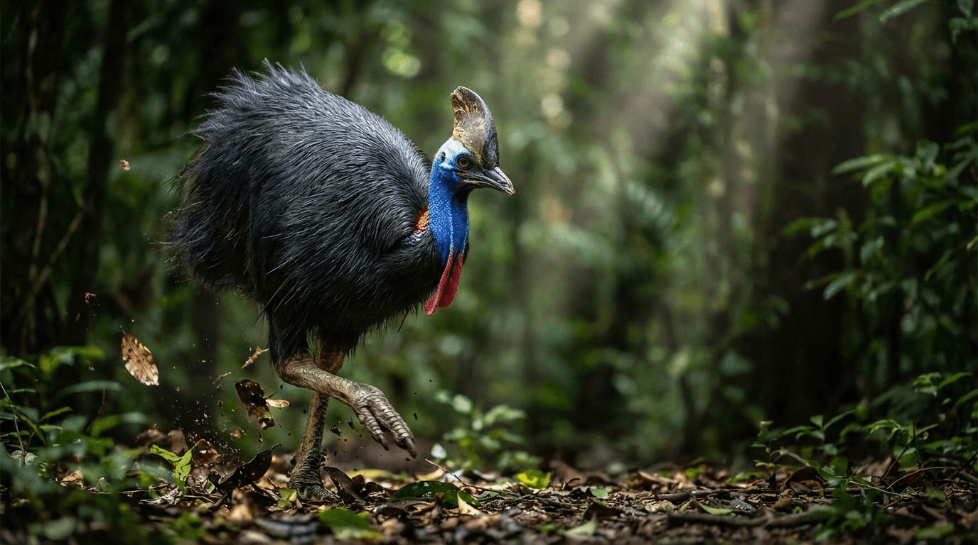 AI-generated Cassowary image: Cassowary Action Shot. Birds. Tropical Forests of New Guinea.