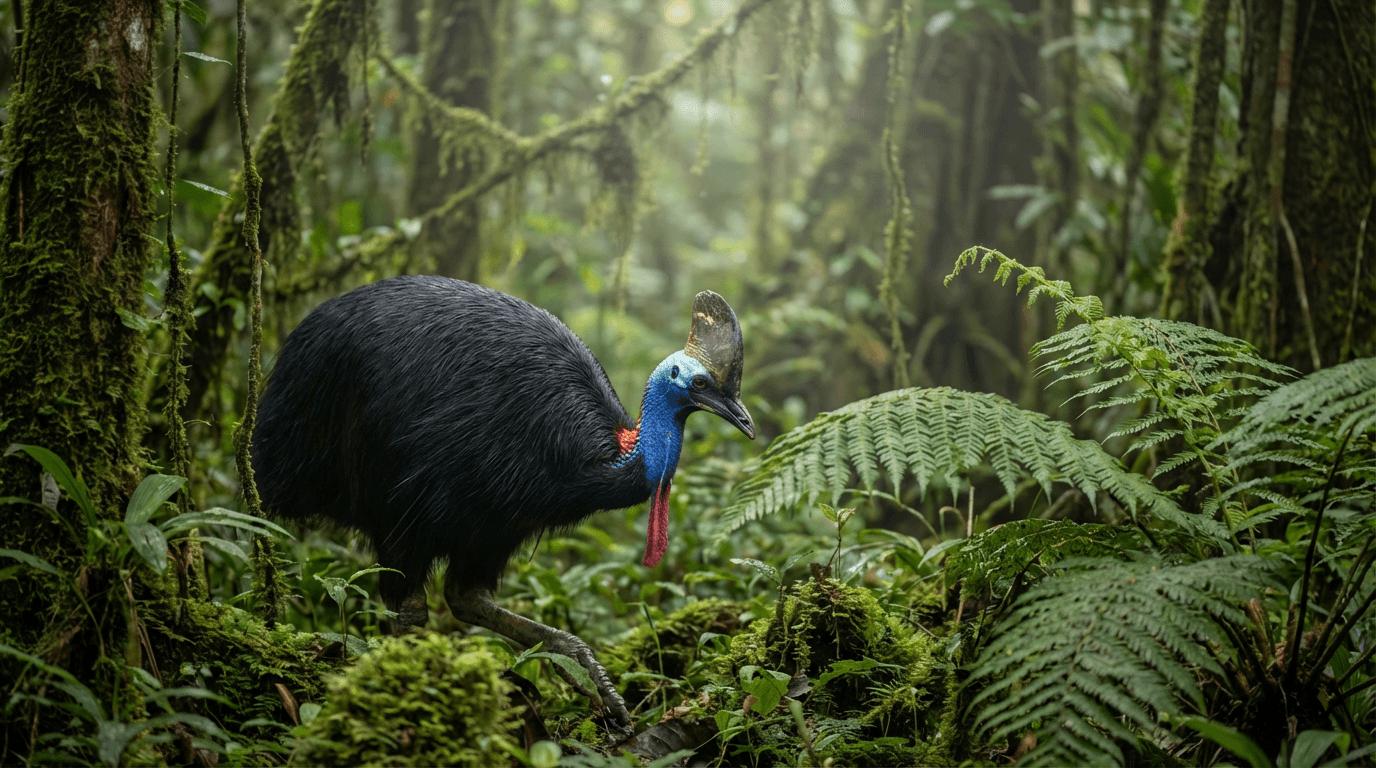 AI-generated Cassowary image: Cassowary in Natural Habitat. Realistic animal image sample.