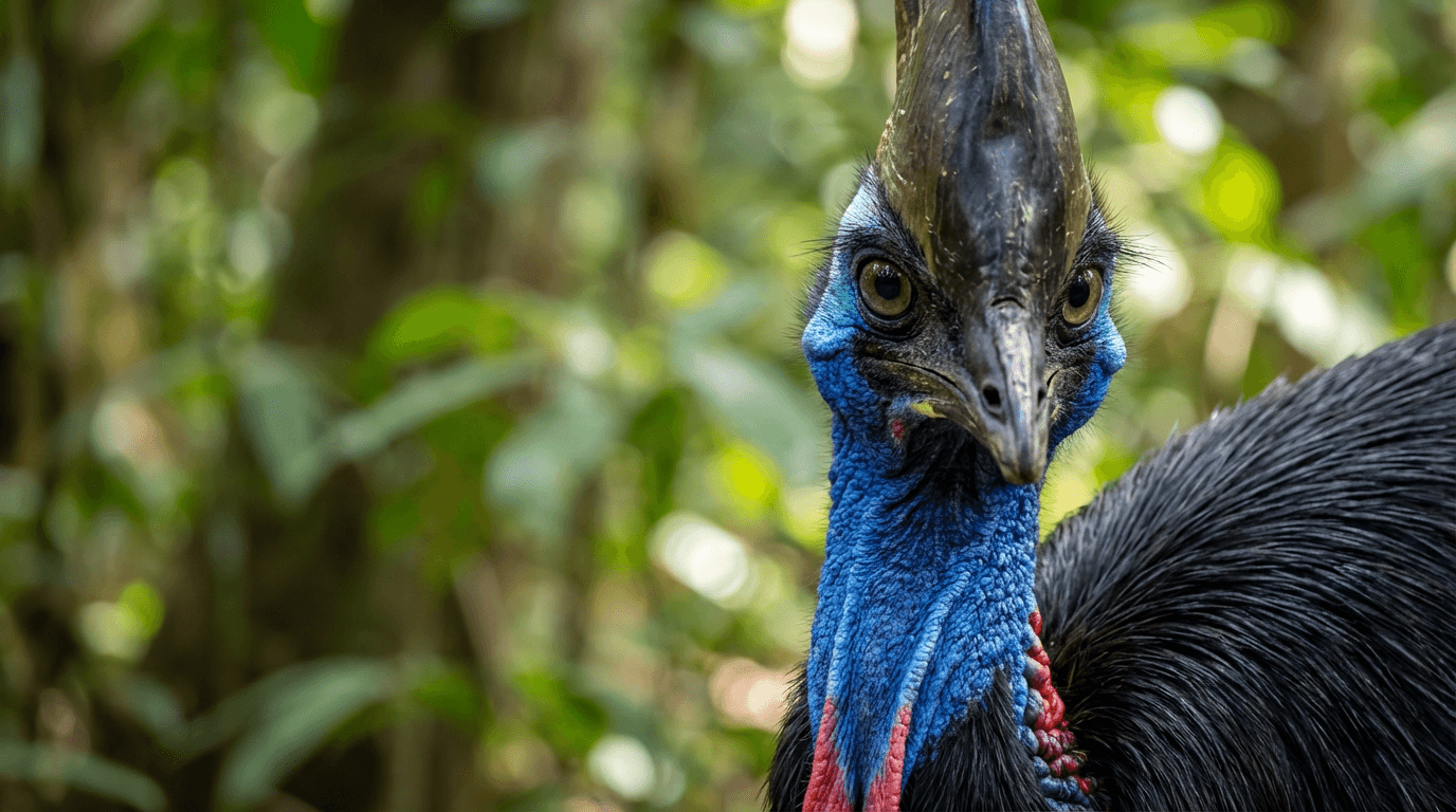 AI-generated Cassowary image: Cassowary Close Portrait. Birds. Tropical Forests of New Guinea.