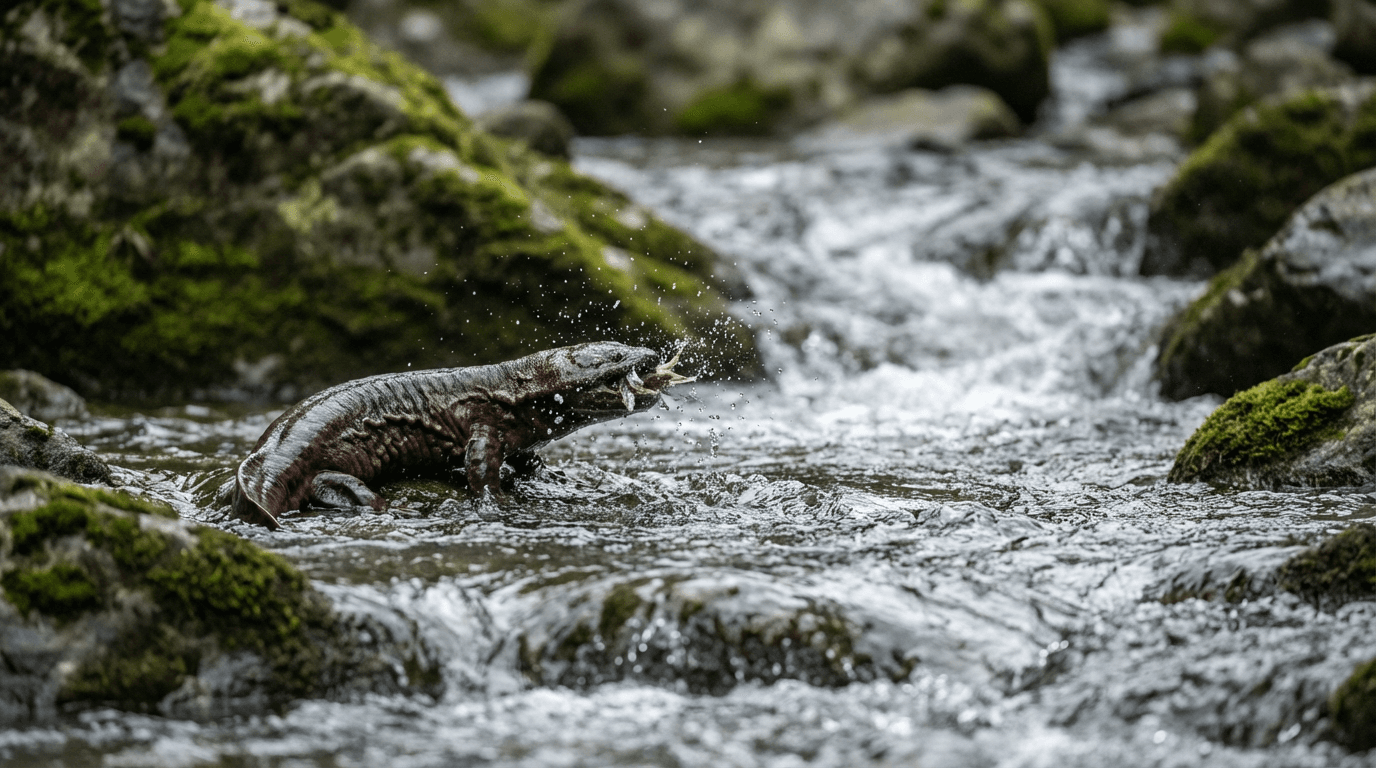 AI-generated Chinese Giant Salamander image: Chinese Giant Salamander Action Shot. Amphibians. Chinese Mountain Streams.