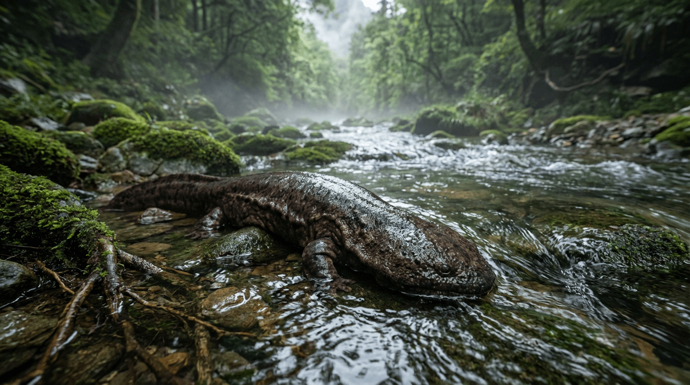 KI-generiertes Bild von Chinese Giant Salamander: Chinese Giant Salamander im natürlichen Lebensraum. Realistisches Tierbild-Beispiel.