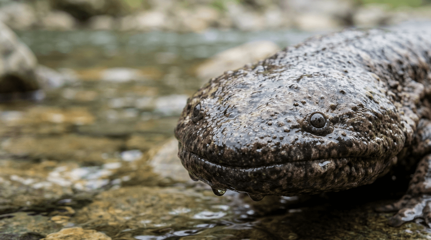 AI-generated Chinese Giant Salamander image: Chinese Giant Salamander Close Portrait. Amphibians. Chinese Mountain Streams.