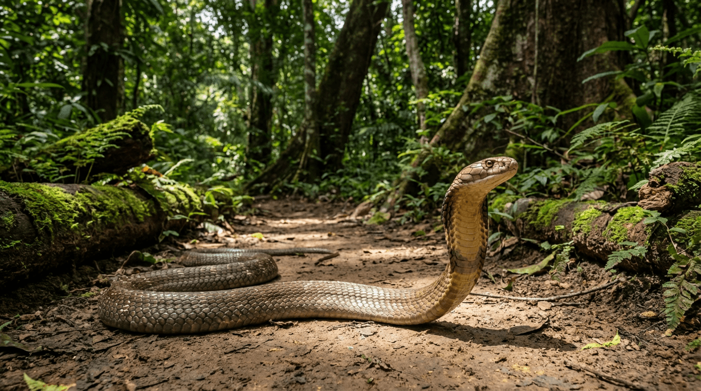 AI-generated King Cobra image: Cobra on Forest Path. Reptiles. Asian Forests.