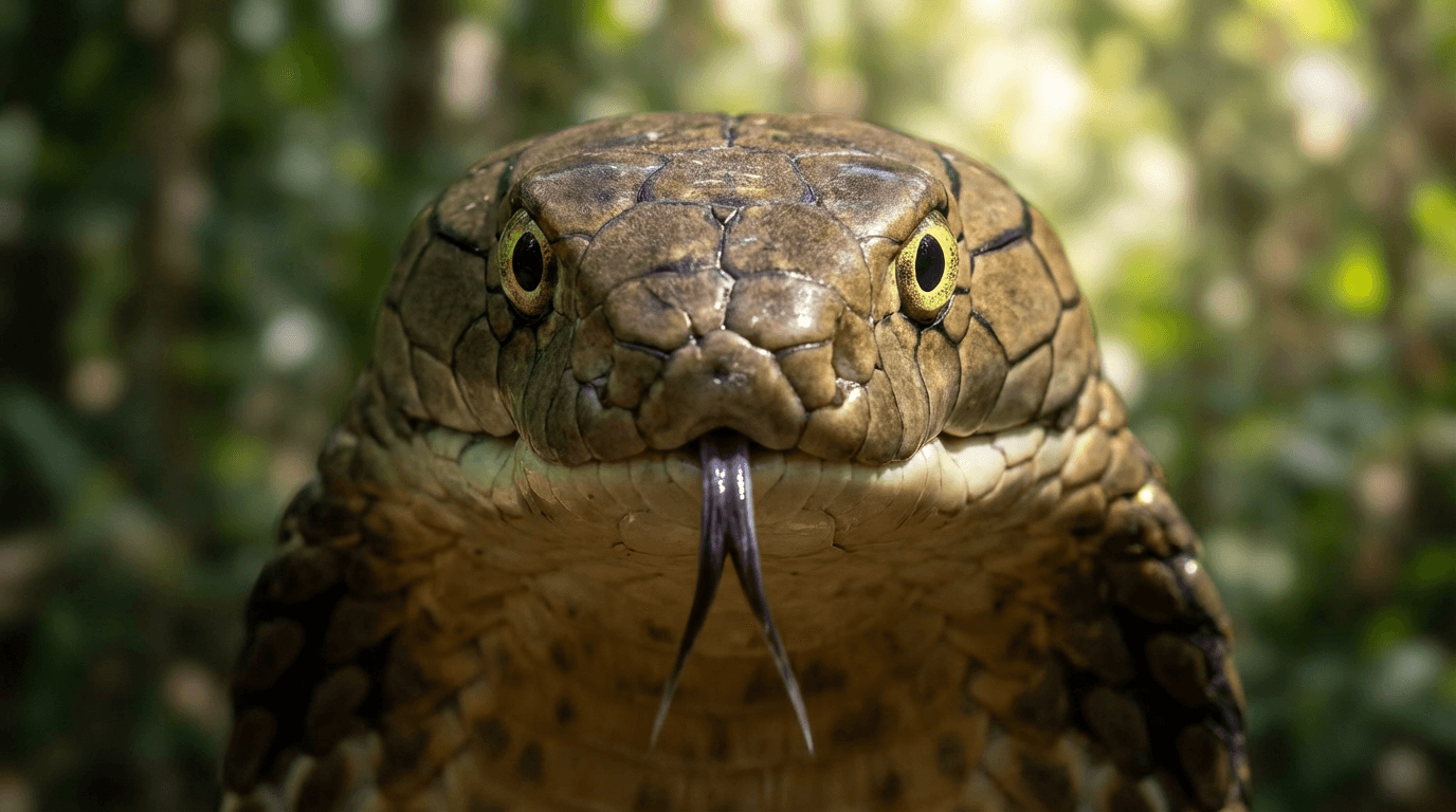 KI-generiertes Bild von Königskobra: Cobra Head Detail. Reptilien. Asian Forests.