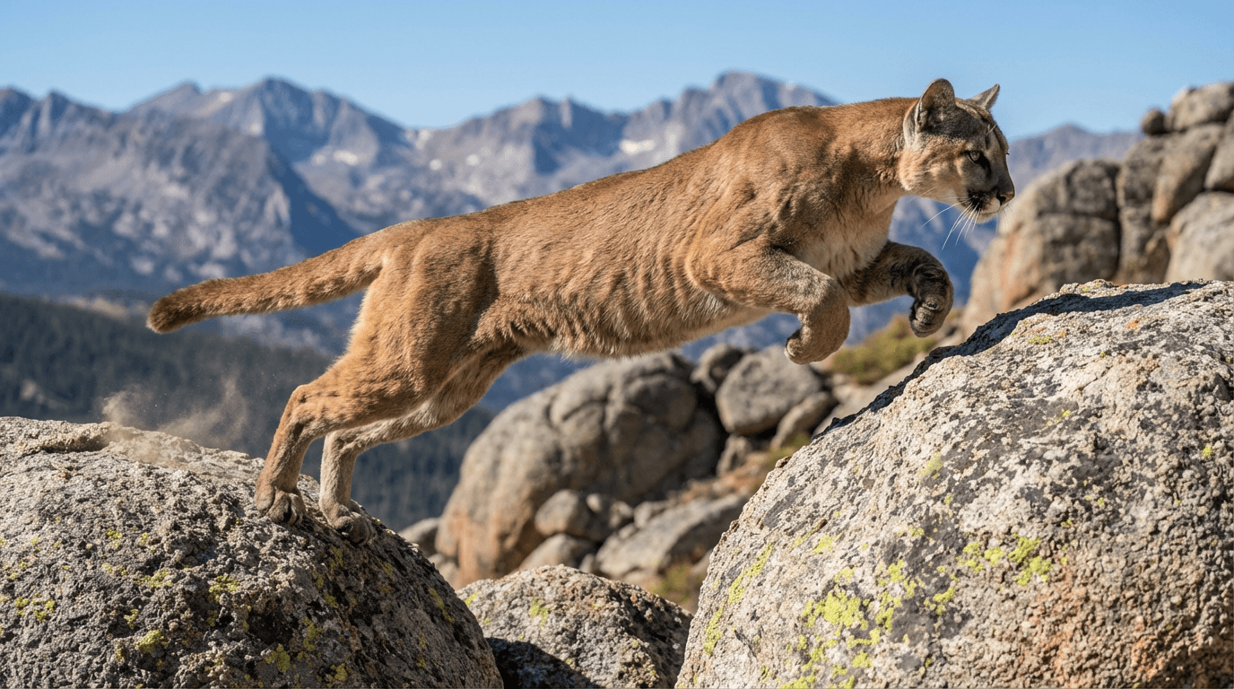 AI 生成的 美洲狮 图片:Cougar Mid-Leap,大型猫科. Rocky Mountains。