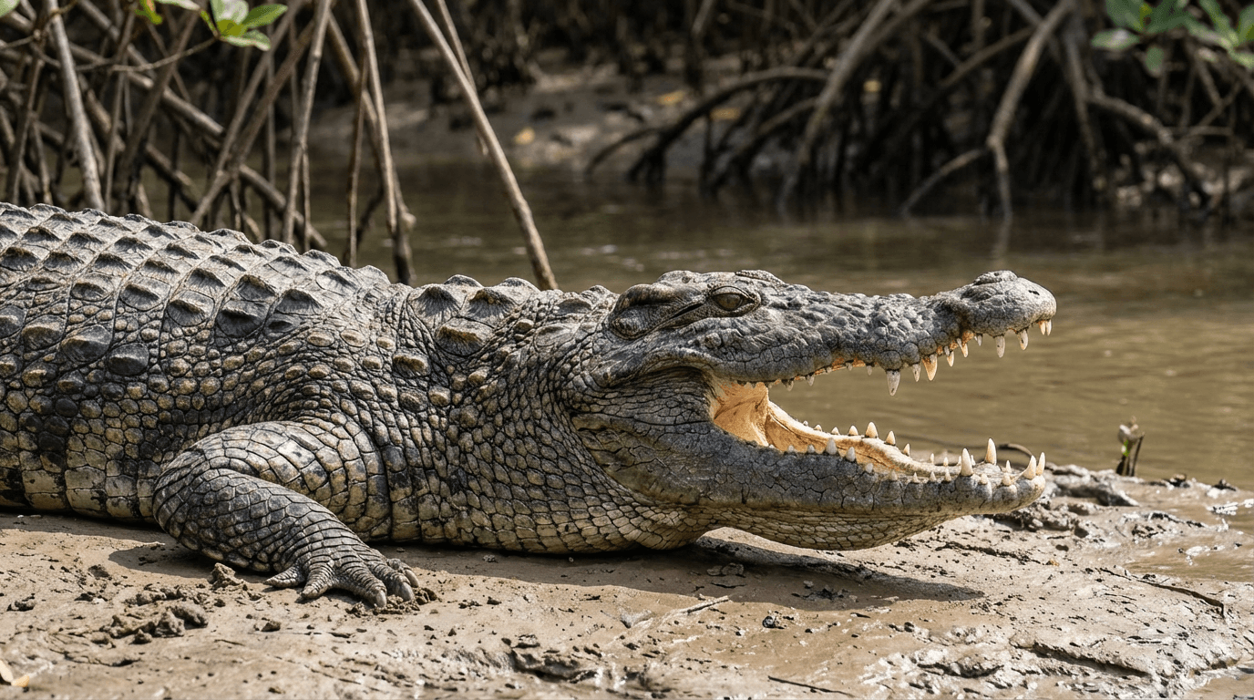 AI 生成的 湾鳄 图片:Crocodile on Riverbank,爬行动物. Tropical Rivers。