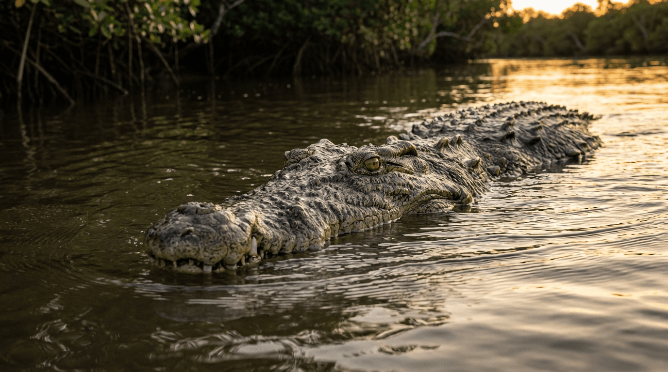 AI-generated Saltwater Crocodile image: Crocodile Lurking in Water. Tropical Rivers. Realistic animal image sample.