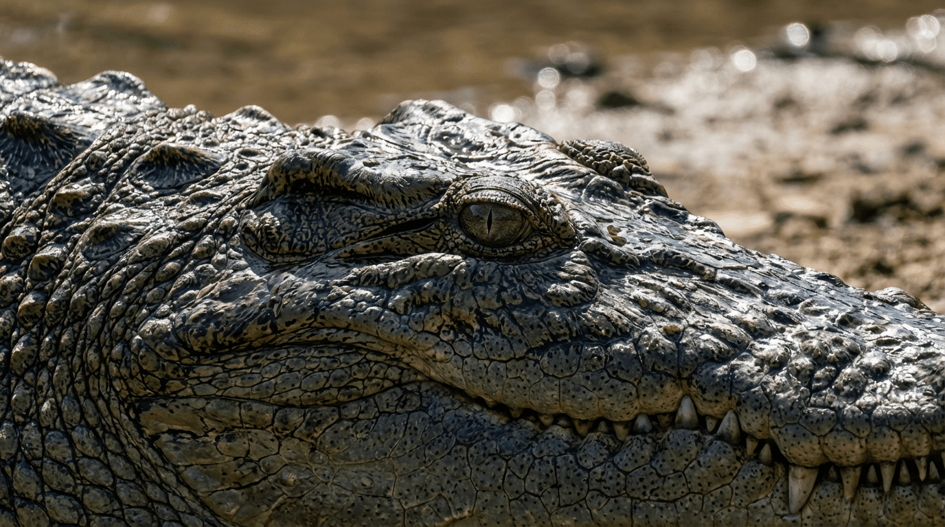 AI 生成的 湾鳄 图片:Crocodile Head Close-up,爬行动物. Tropical Rivers。