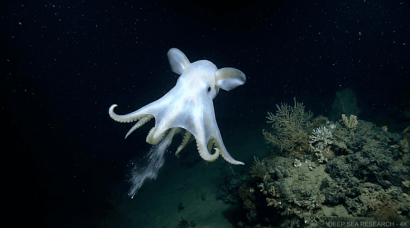 KI-generiertes Bild von Dumbo Octopus: Dumbo Octopus Actionaufnahme. Marine Wirbellose. Central Pacific deep sea.