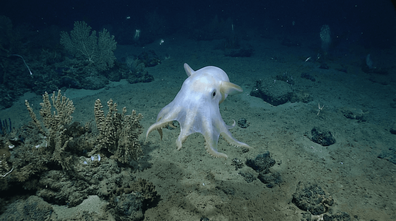 KI-generiertes Bild von Dumbo Octopus: Dumbo Octopus im natürlichen Lebensraum. Realistisches Tierbild-Beispiel.