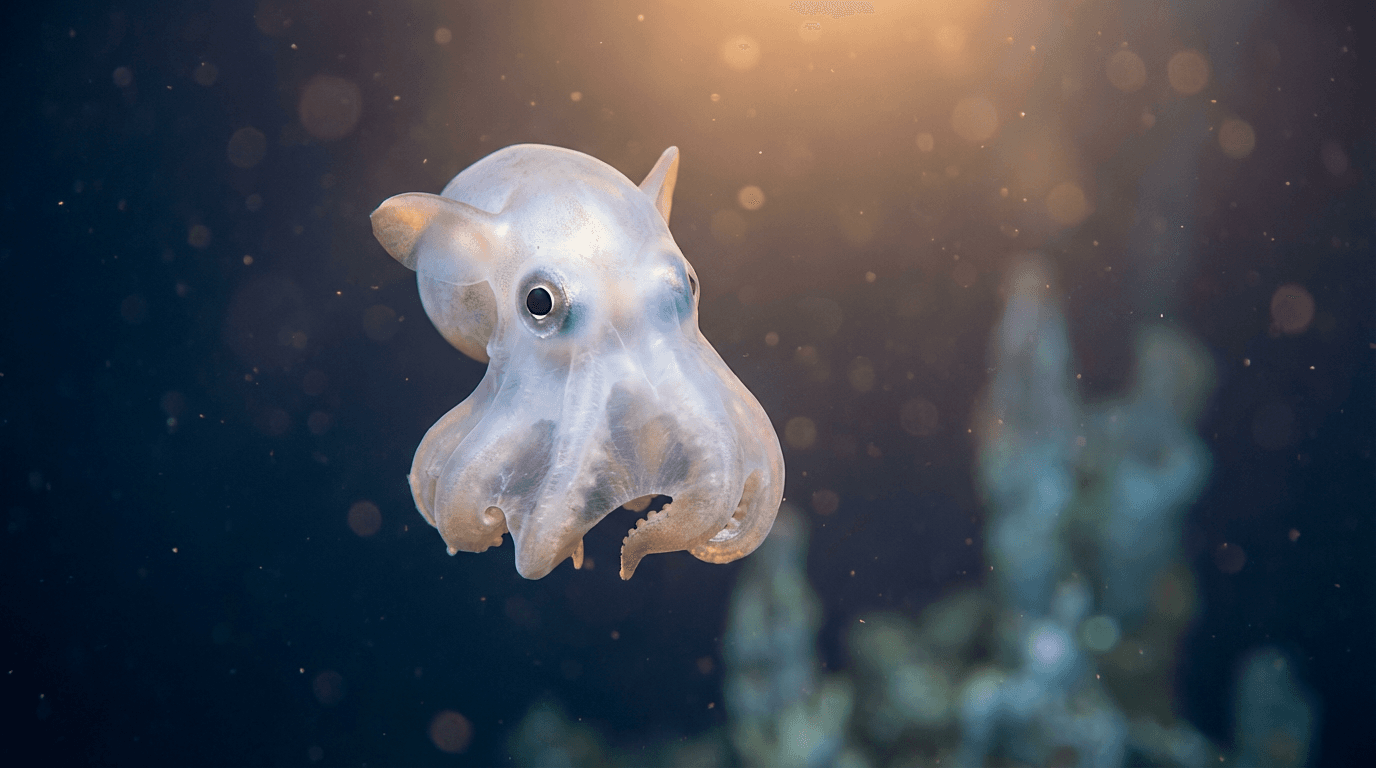 KI-generiertes Bild von Dumbo Octopus: Dumbo Octopus Porträt. Marine Wirbellose. Central Pacific deep sea.