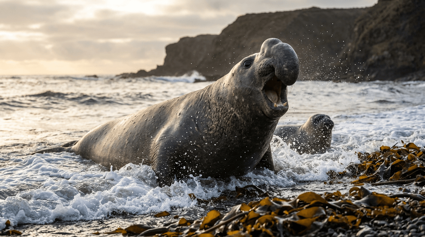 AI-generated Elephant Seal image: Elephant Seal Action Shot. Marine Mammals. Pacific Atlantic Coasts.