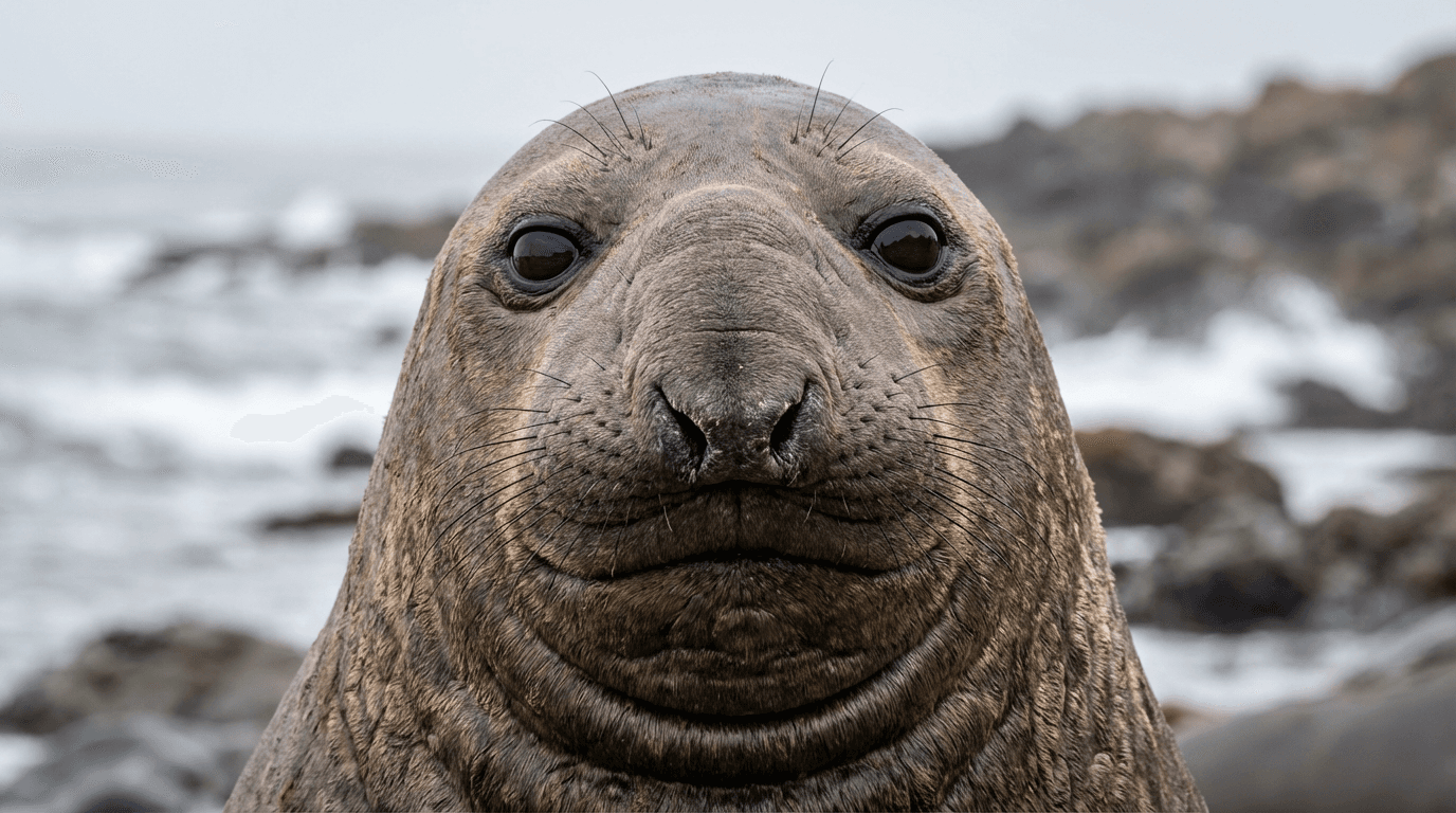 AI-generated Elephant Seal image: Elephant Seal Close Portrait. Marine Mammals. Pacific Atlantic Coasts.