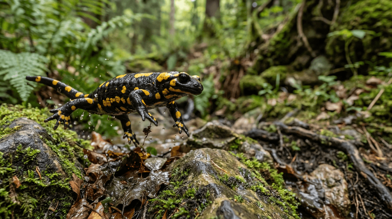 AI-generated Fire Salamander image: Fire Salamander Action Shot. Amphibians. Central and Southern Europe.