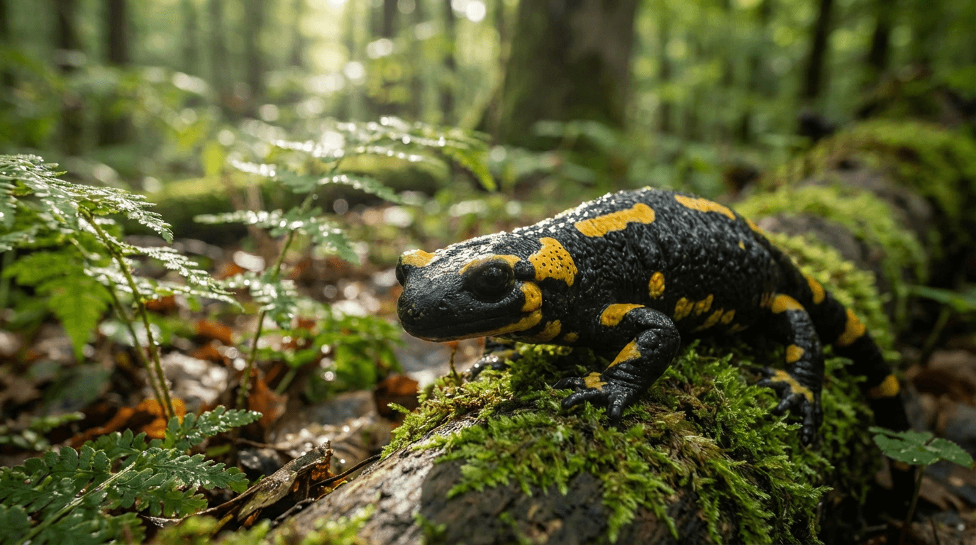 AI-generated Fire Salamander image: Fire Salamander in Natural Habitat. Central and Southern Europe. Realistic animal image sample.