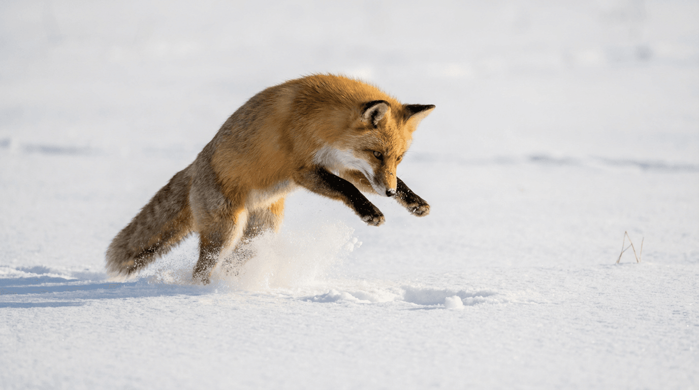 KI-generiertes Bild von Rotfuchs: Fox Hunting in Snow. Hundeartige. Temperate Forests.