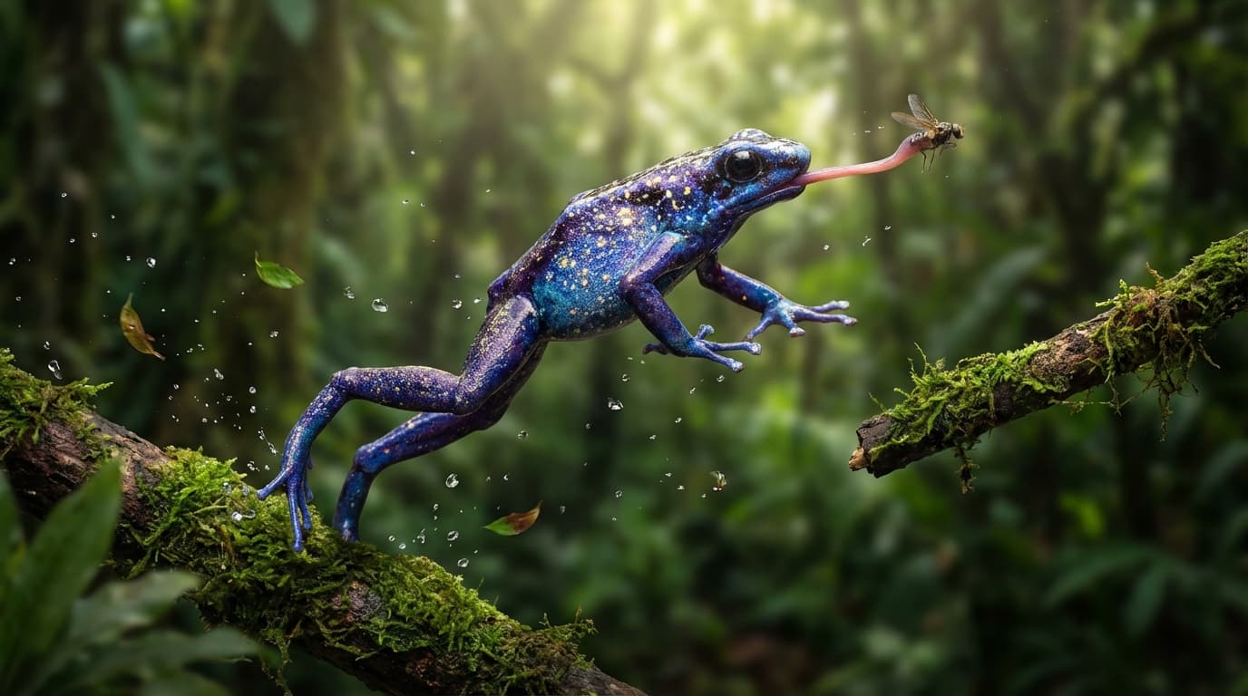 KI-generiertes Bild von Galaxy Frog: Galaxy Frog Actionaufnahme. Amphibien. Tropical rainforest wetlands.