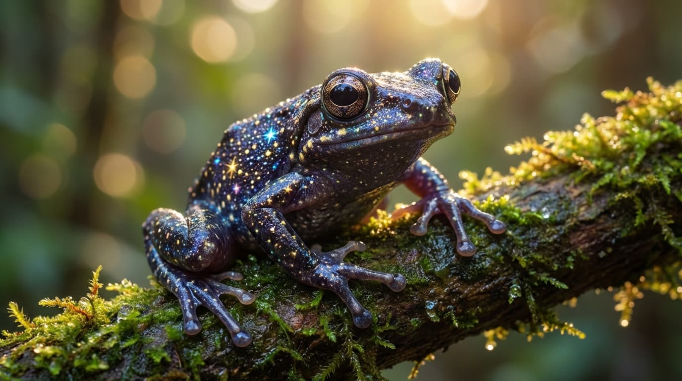 AI 生成的 Galaxy Frog 图片:Galaxy Frog 肖像,两栖动物. Tropical rainforest wetlands。