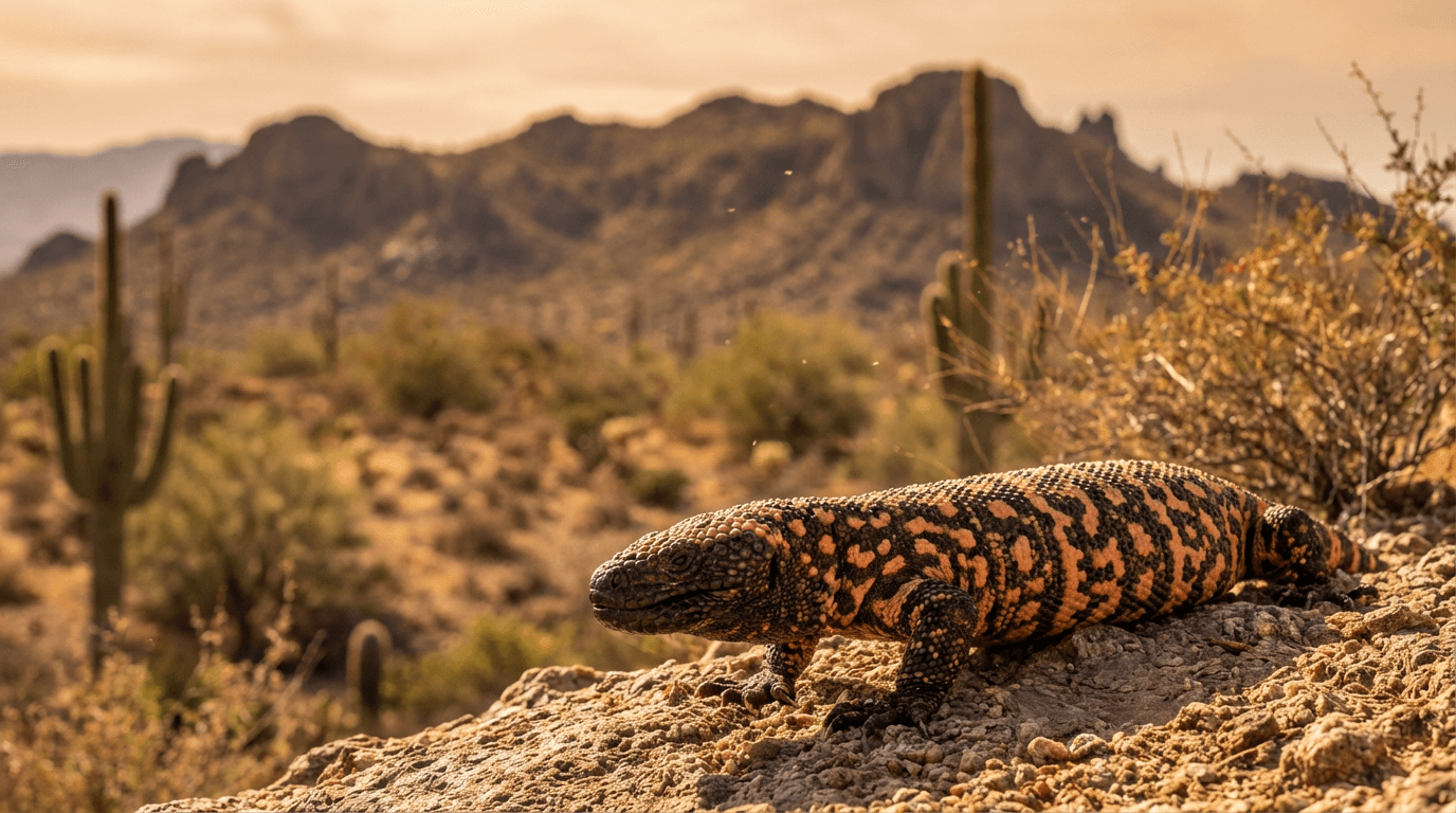 KI-generiertes Bild von Gila Monster: Gila Monster im natürlichen Lebensraum. Realistisches Tierbild-Beispiel.