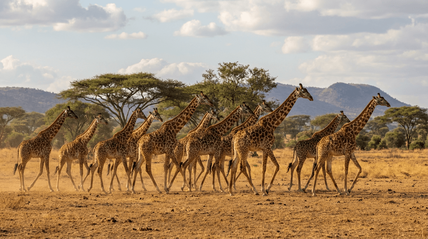 KI-generiertes Bild von Giraffe: Giraffe Tower Walking. Große Säugetiere. African Savanna.