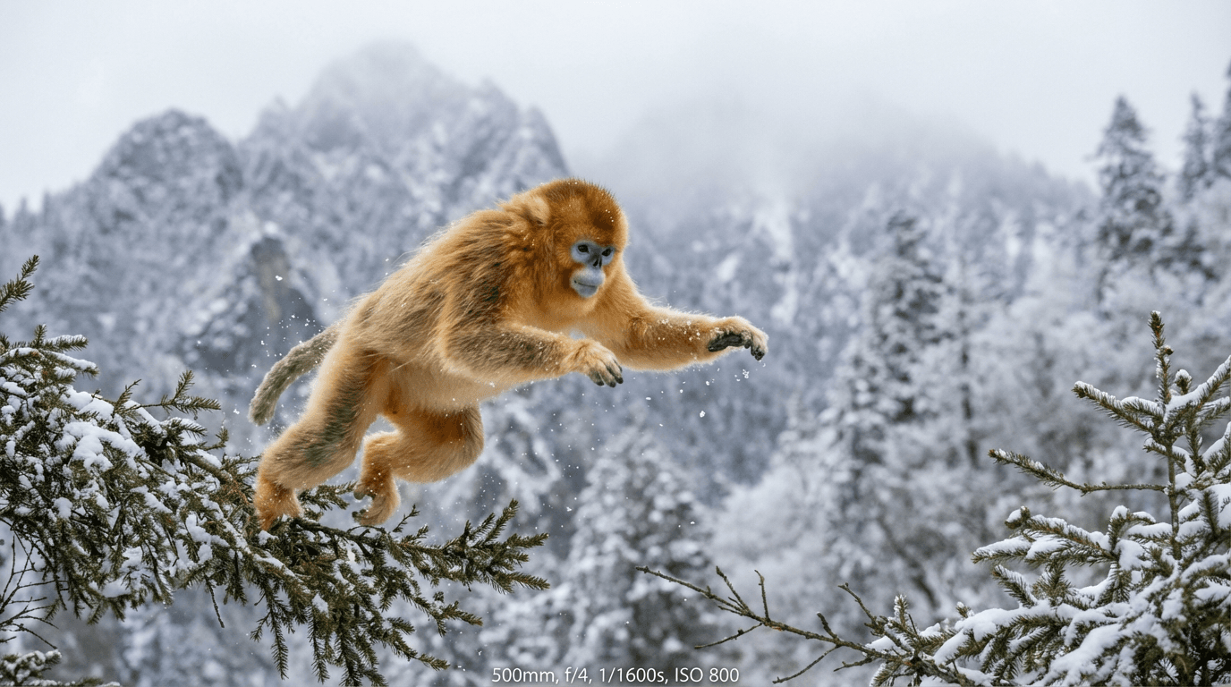 KI-generiertes Bild von Golden Snub-nosed Monkey: Golden Snub-nosed Monkey Actionaufnahme. Primaten. Chinese Mountains.
