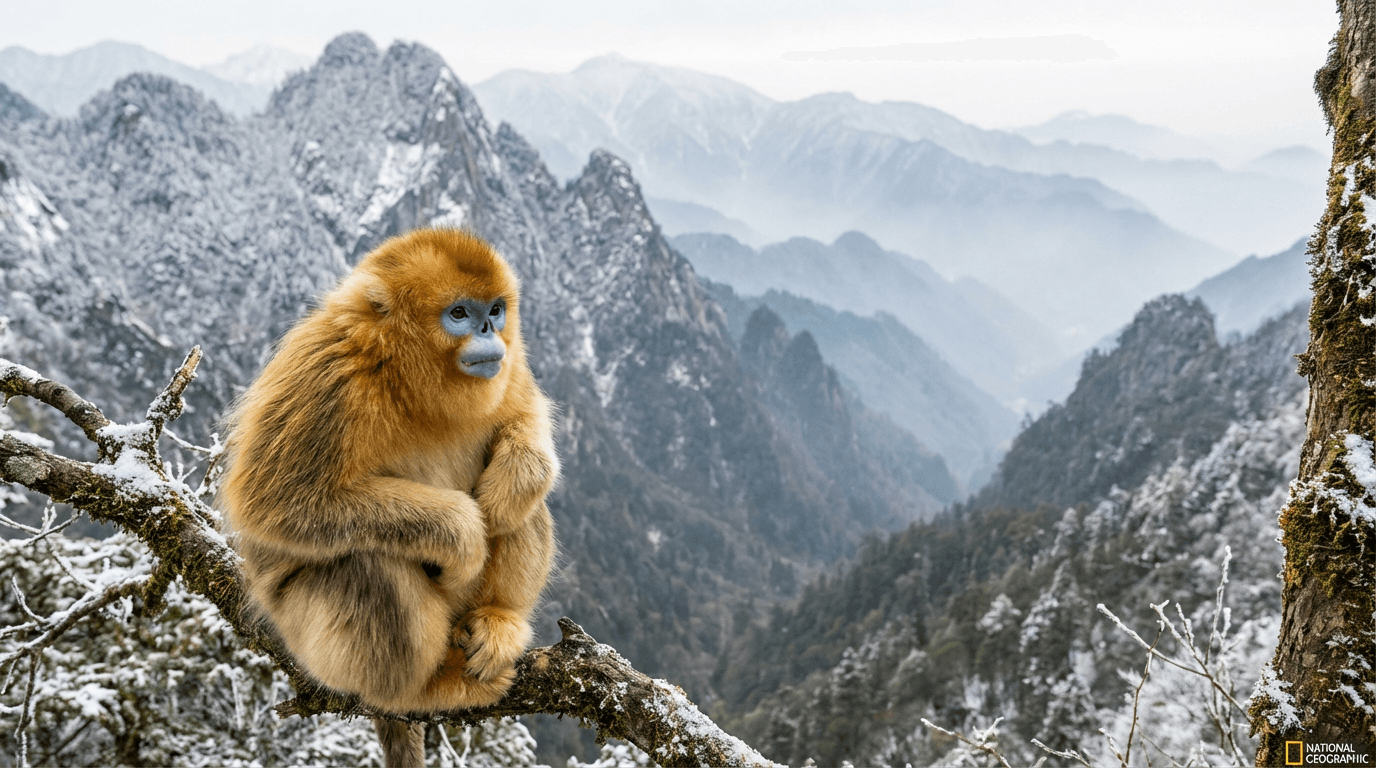 KI-generiertes Bild von Golden Snub-nosed Monkey: Golden Snub-nosed Monkey im natürlichen Lebensraum. Realistisches Tierbild-Beispiel.