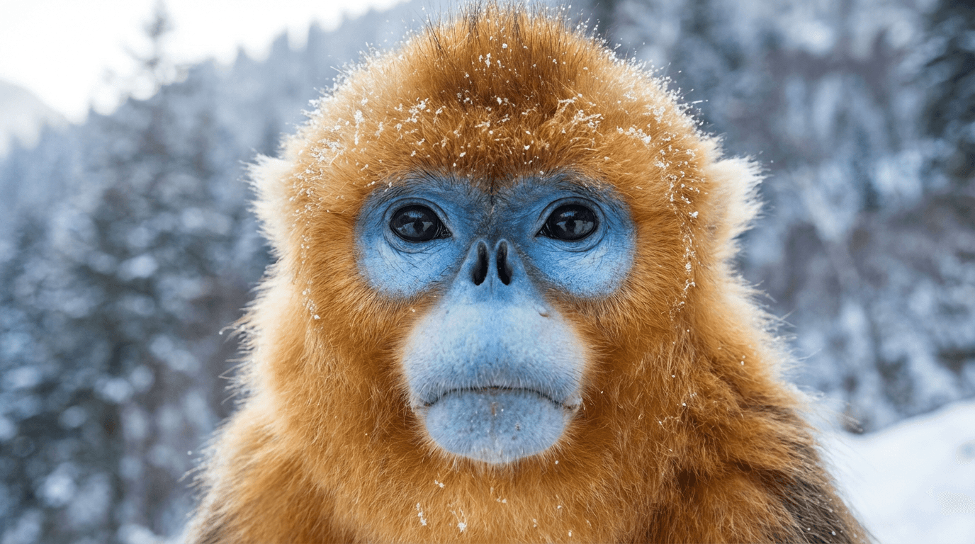 AI-generated Golden Snub-nosed Monkey image: Golden Snub-nosed Monkey Close Portrait. Primates. Chinese Mountains.