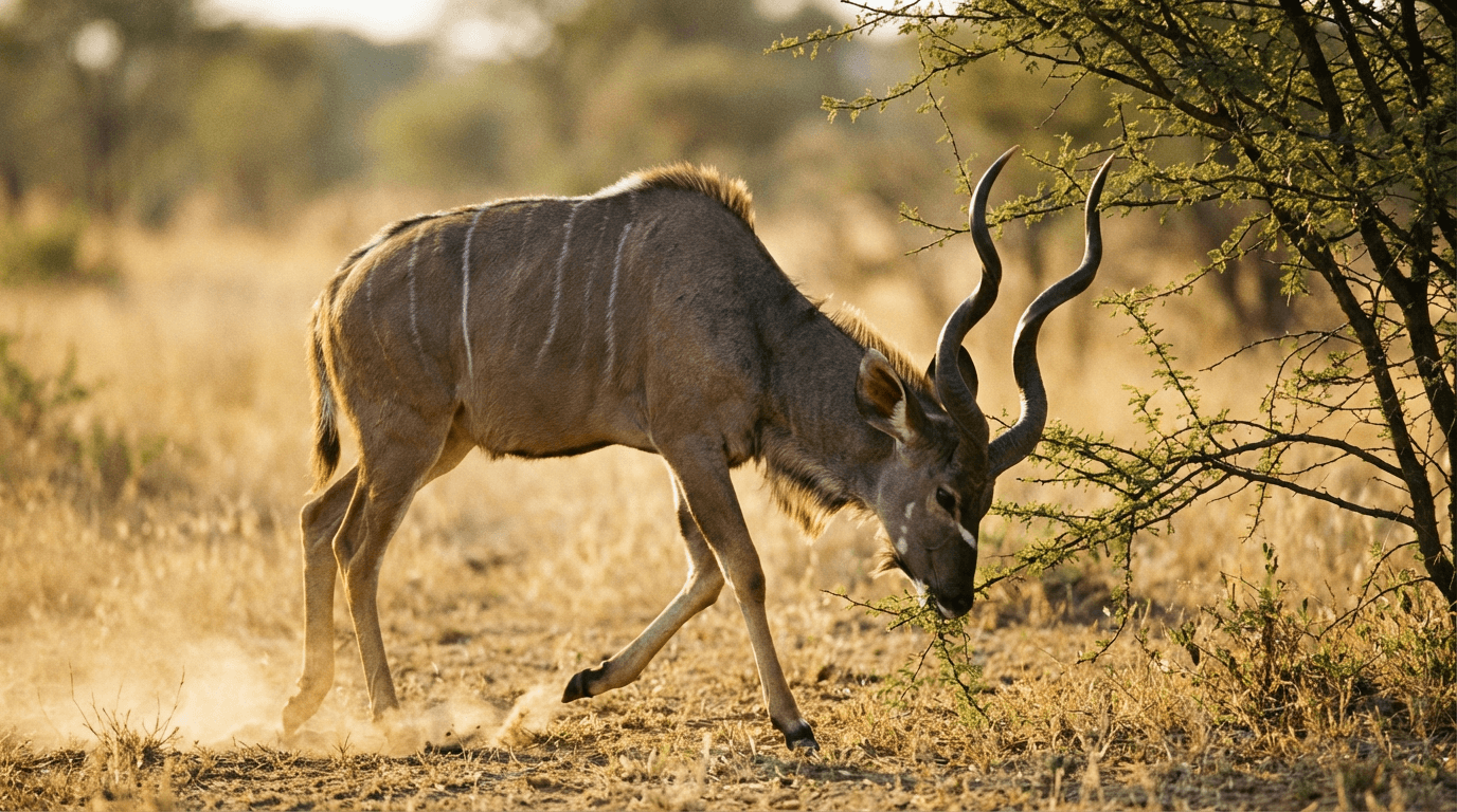 AI-generated Greater Kudu image: Greater Kudu in Action. Mammals. African woodlands.